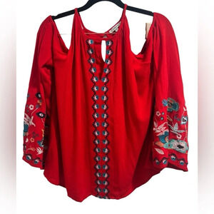 Jodifl Red Embroidered Cold Shoulder Bell Sleeve Blouse Size S